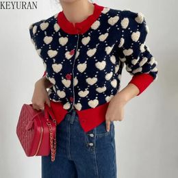 Color Contrast Love Jacquard Knitted Cardigan Women Autumn Winter Korean Sweet Slim Puff Sleeve Single Breasted Sweater 240219