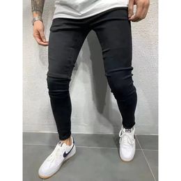 Mens Solid Color Fashion High Street Elastic Tight Small Foot Jeans Highquality Casual Vintage Daily Knitted Pants 240227