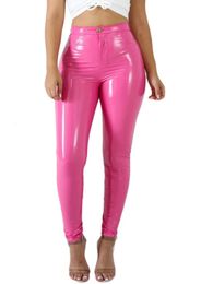 Latex Pu Leather Pants Women Pink Black Tight Trousers Streetwear Fashion High Waist Pencil Pant Female Slim Bottoms 240222