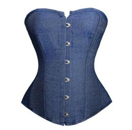 Women Blue Denim Jeans Overbust Corset Plus Size S6XL Classic Laceup Plastic Boned Bustier Lingerie Night Out Clubwear Cosplay O6791686