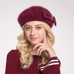 Berets Solid Fur Wool Bow For Women Ladies Autumn Winter Elegant French Artist Hat Girls British Painter Hats Beanie Bere