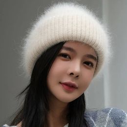 Real Rabbit Fur Knitted Beanies For Women Thickened Womens Hats Hat Solid Adult Cover Head Cap Bonnet Femme Hiver 240227