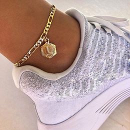 Dainty A-Z letter Anklet Hexagon Shaped Initial Ankle Bracelet Stainless Steel Feet Jewellery Leg Chain Women Men Gifts 240226