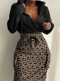 LW Plus Size Women Autumn Winter Sexy Turndown Collar Long Sleeve Mid Calf Geometric Print Plaid Drawstring Bodycon Dress 240228