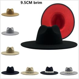 2021 British Style Winter Wool Solid Classic Fedoras Cap Men Women Panama Jazz Hats 9 5CM Wide Brim Big Black Red Bottom Fedoras270V