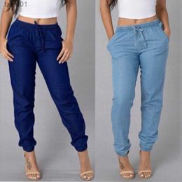 Calças de brim femininas cintura elástica calças de cintura jeans azul calças jeans calças elásticas 240304