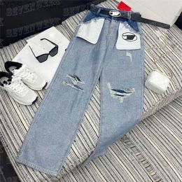 Jeans Embroidered Letters Jeans Pockets Holes Denim Designer Straight Pant Trousers With Hollow Metal Letter Belt 240304