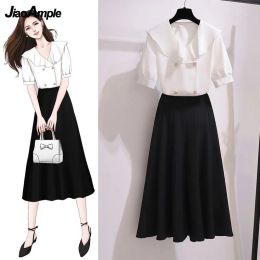 Suits 2022 Summer Office Lady Graceful Shirt Skirts Two Piece Dress Set Women's Elegant Ruffle Collar Pearl Button Blouse Black Skirt