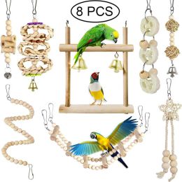 Toys 8Pcs/Set Bird Parrot Swing Hanging Toy Natural Wood Bell Bird Cage Toys Parrots Parakeets Cockatiels Finches bird accessories