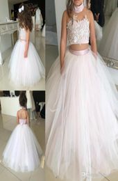 Adorável crianças duas peças vestidos da menina de flor princesa uma linha halter pescoço sem costas meninas da criança formal festa usar vestidos aniversário pag6890871