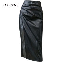 skirt Black PU Leather Skirt Women 2021 Spring Autumn Midi Sexy High Waist Bodycon Split Skirts Office Pencil Skirt Knee Length Saia