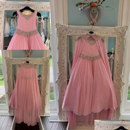 Girl'S Pageant Dresses Pink Chiffon For Teens 2022 With Wrap Bling Rhinestones Long Gowns Little Girls Zipper Back Formal Party Rosi Dhtka