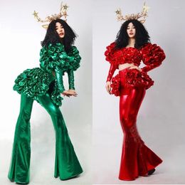 Stage Wear Gogo Dancer Costumes Green Red PU Top Flare Pants Women Pole Dance Clothing Nightclub DJ Party Festival Outfit