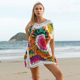 Women's Swimwear Bikini Coverup Beach Dress 2024 Summer Sexy Beachwear Color Printing Cotton Crochet Knitted Tunic Cover Ups For Women