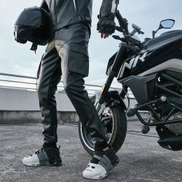 Pants Idopy Cool Motorcycle Faux Leather Pants Warm Autumn Winter PU Waterproof Windproof Biker Cargo Pants Trousers For Man