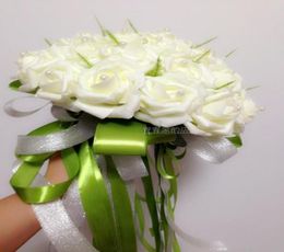 Cheap Beautiful Bridal Hand Holding Flowers Artificial Roses Flowers Pearls Wedding Bouquet White Perfect Wedding Favours DL13130671396865