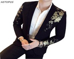 Men039s Suits Blazers Gold Black Blazer Flower Print Party Wedding Festival Stylish For Men Stage Costumes Singers Slim Fit1194922