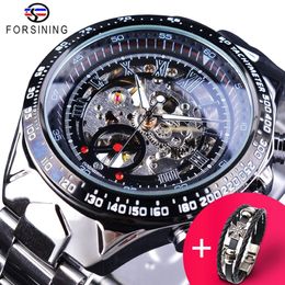 Forsining Watch Bracelet Set Combination Transparent Silver Steel Band Mechanical Skeleton Sport Wrist Watches Men Brand Clock247P