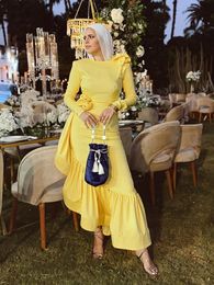 Unique Asymmetrical Hem Prom Dresses 2024 Yellow Muslim Formal Dress Jewel Neck Long Sleeve Mermaid Party Gowns 326 326
