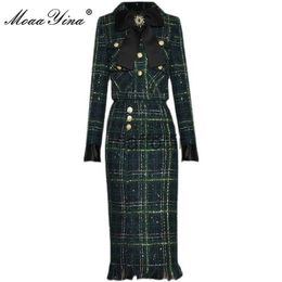 Casual Dresses MoaaYina Fashion Designer Winter Plaid Tweed Skirts Suit Womens Bow Beading Long Sleeve Jacket Tassel Skirt 2 Pieces Set 220923 240304