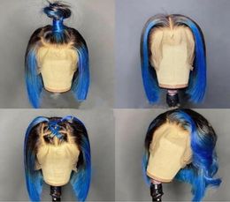 Lace Wigs Highlight Blue Human Hair For Women Coloured Front Wig Brazilian Remy Short Bob Transparent Closure25751073613516