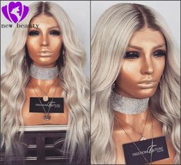 Deep middle part 30inches long wave Ombre Grey Lace Front Wig With Baby Hair Glueless Heat Resistant Synthetic Wigs For Women5339422