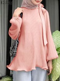 Tops 2023 ZANZEA Fashion Autumn Muslim Blouse Women Elegant Long Sleeve Solid Tops Islamic Clothing Casual O Neck Work Holiday Shirt