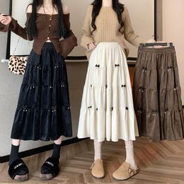 Skirts Elegant Bow Velvet Skirt For Women 2024 Autumn Winter Korean Vintage Patchwork A Line High Waist Midi Long Female Ladies