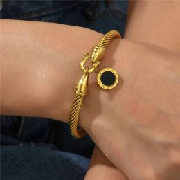 Roman Digital Hang Tag Minimalist Horseshoe Buckle 14k Gold Bracelet Bangle Woman Jewelry