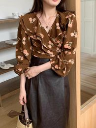 Women's Blouses Vintage V-neck One-piece Strap Ruffles Women Blouse Wood Ear Lapel Floral Shirt Female 2024 Spring Korean Chic Loose Tops