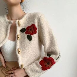 Women's Knits French Vintage Heavy Industry Flower Crochet Embroidery Cropped Cardigan Women Lazy Style Spring Knitted Jacket Coat Y2k Top