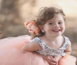 Lovely Flower Girl Dresses Jewel Neck Sequins Bodice V Back Princess Flower Sash Cute Pink Pageant Mother and Daughter Dresses6568895