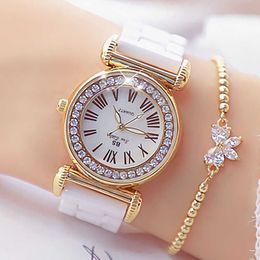 Relógios femininos marca de luxo moda vestido feminino relógios ouro pulseira diamante cerâmica relógio para menina reloj mujer 2105261p