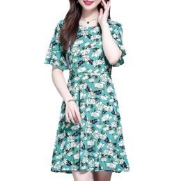 Dress 2023 New Summer Fashion Trend Round Neck Printed Waist Covering Meat Casual Loose Fit Mid to Old Age Women's Over Knee Dress