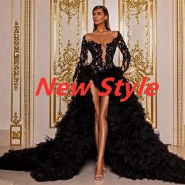 Black Beaded Long Sleeves Prom Dresses Sheer Plunging Neck Sequined Side Split Evening Gowns Tiered Sweep Train Tulle Formal Dress231t