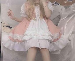 QWEEK Kawaii Lolita Maid Dress Pink Goth Gothic Birthday Party Puff Sleeve Japanese Harajuku Ruffle Laceup Soft Girls 2107292434803