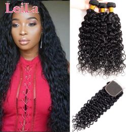 Brazilian Virgin Hair 3 Bundles With 4X4 Water Wave Bundles With Top Closures Wet And Wavy 4pieceslot Hair Extensions9303132