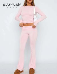 Women s Fall Casual 2 Piece Outfits Long Sleeve Crew Neck Crop Tops And Low Waist Flare Long Pants Lounge Sets Tracksuits 240304