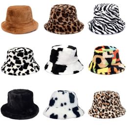 Winter Cow Leopard Faux Fur Fluffy Bucket Hats Women Outdoor Warm Sun Hat Soft Velvet Furry Fisherman Cap Girl Fashion Panama 22052682