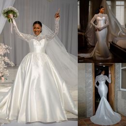 Designer Mermaid Lace Wedding Dresses Beaded Bridal Gowns With Detachable Train Long Sleeves Sequined High Neckline Satin Vestido De Novia