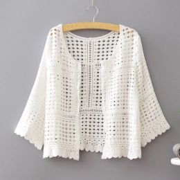 Jackets Women Spring Summer Flare 3/4 Sleeves Kimono Cardigan Hollow Out Crochet Knit Plaid Lace Cropped for JACKET for Sun for Protecti