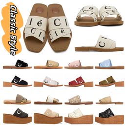 2024 Woody sandals women Mules fluffy flat mule slides Light tan beige white black pink lace Lettering Fabric fuzzy fur canvas slippers designer womens shoe 35-42
