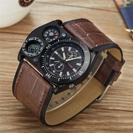 Wristwatches Oulm Sport Wrist Watches Men Quartz Military Clock Wide PU Leather Decorative Compass Male Wristwatch Erkek Kol Saati240d