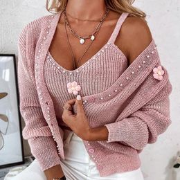 Women's Tanks Fashion Solid Colour Holiday Knitted Outfits Women Vest Tops Long Sleeve Cardigan Set Elegant Flower Sticker High Street 2pc