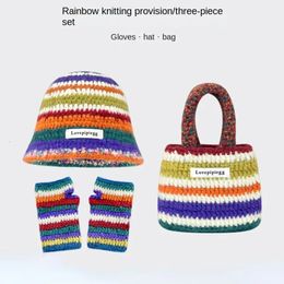 Rainbow Striped Knitted Bucket Hats for Women Autumn Winter Warm Panama Y2K Beanies Set with Gloves Bag Designer Cute Funny Hat 240227