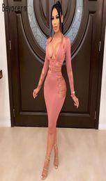 Casual Dresses Beyprern Chic Autumn Womens Long Sleeve Cut Out Caged Dress Sexy Deep V Neck Bodycon Party Club Midi Chirstmas Outf5995837