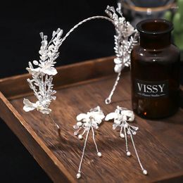 Hair Clips Bridal Headdress White Flower Hoop Earring Set Fashion Crystal Hairband Wedding Accessories Jewelry Ornaments