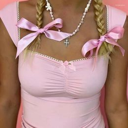 Women's Tanks Y2K Lace Frill Camisole For Women Pink Bow Crop Tops Kawaii Sweet Aesthetic Sleeveless Tank Top Female Coquette Outfits