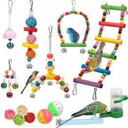 Toys 14 pcs bird toy set swing chew training toy small parrot hanging hammock parrot cage bell perched ladder pet feeding toy