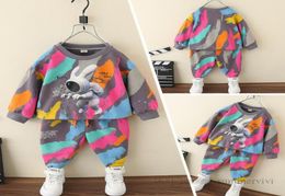 Autumn boys Colourful graffiti clothing sets kids space rabbit printed long sleeve pullover sweatshirtlaceup belt pants 2pcs chil4167116